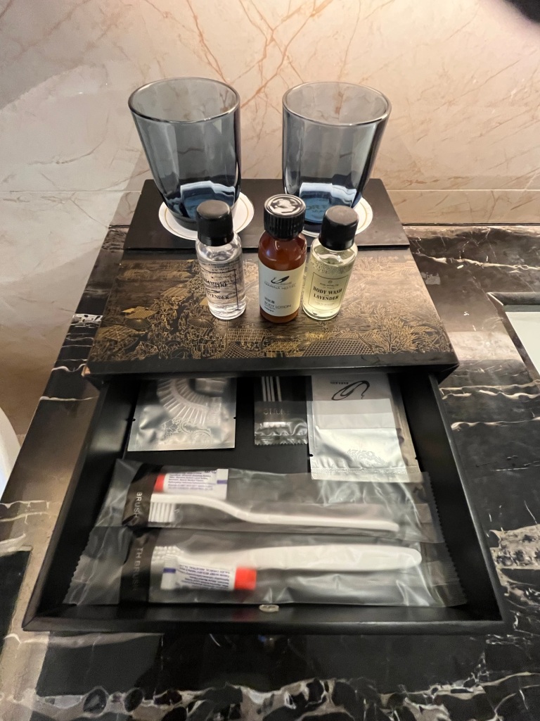 Toiletries set in a hotel room